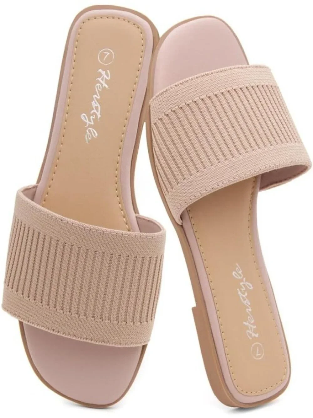 Women's Beigekn Knit Slides Flats Square Open Toe Slip On Dressy Summer Shoes